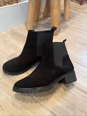 Black Suede Chelsea Ankle Bootie with Lug Sole - Women